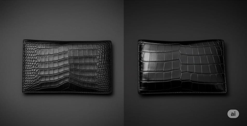 加工方法一つで、クロコダイル財布の印象は全く異なります。左がモダンで知的な「マット」、右が華やかでクラシックな「シャイニング」。